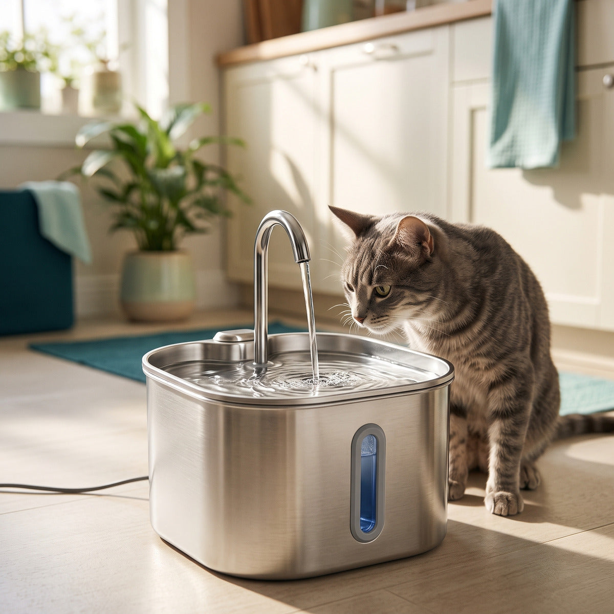 Brook & Paw stainless steel cat water fountain in a calm home
