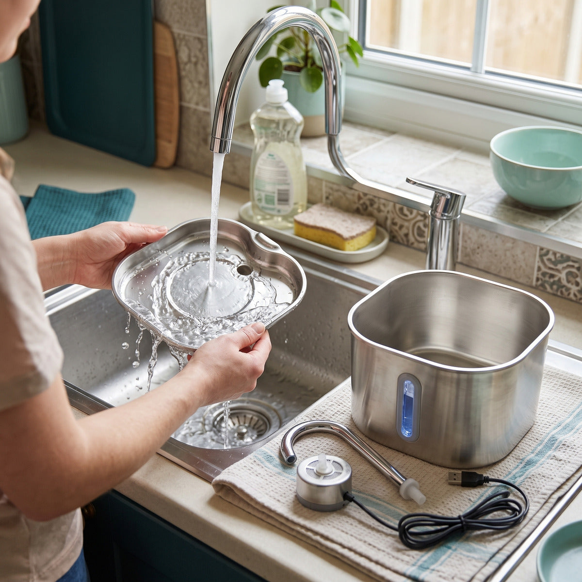 Hands lifting the stainless fountain tray for cleaning