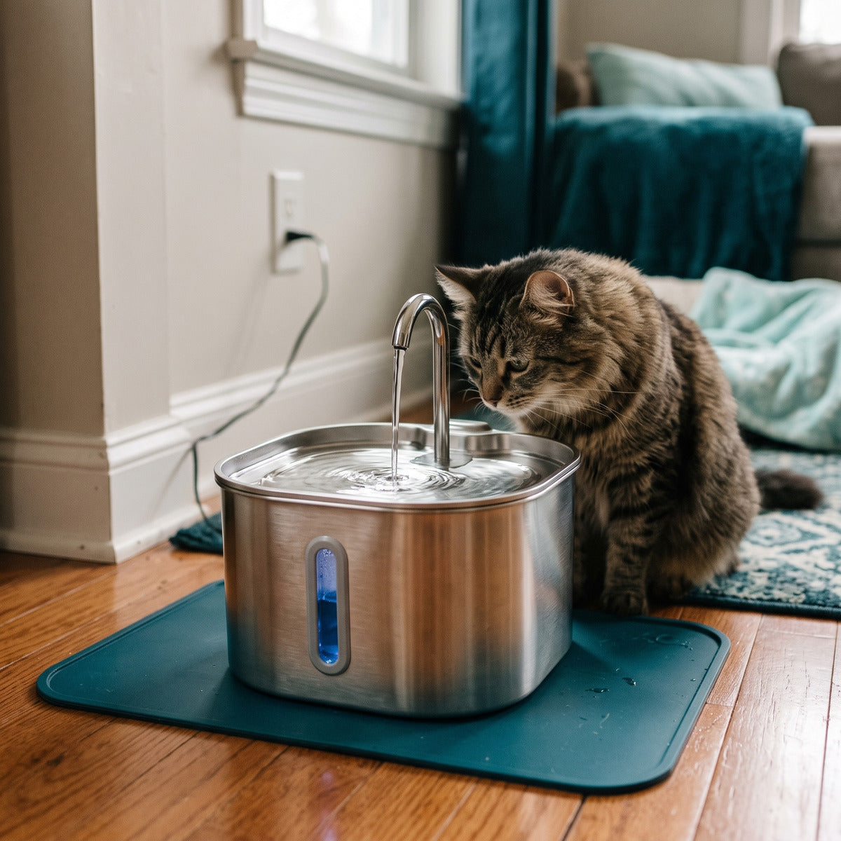 Close view of stainless tray and curved spout