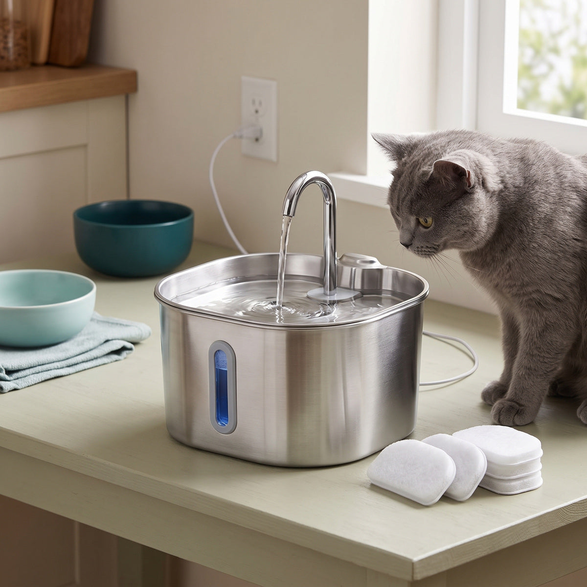 Stainless cat fountain with curved spout