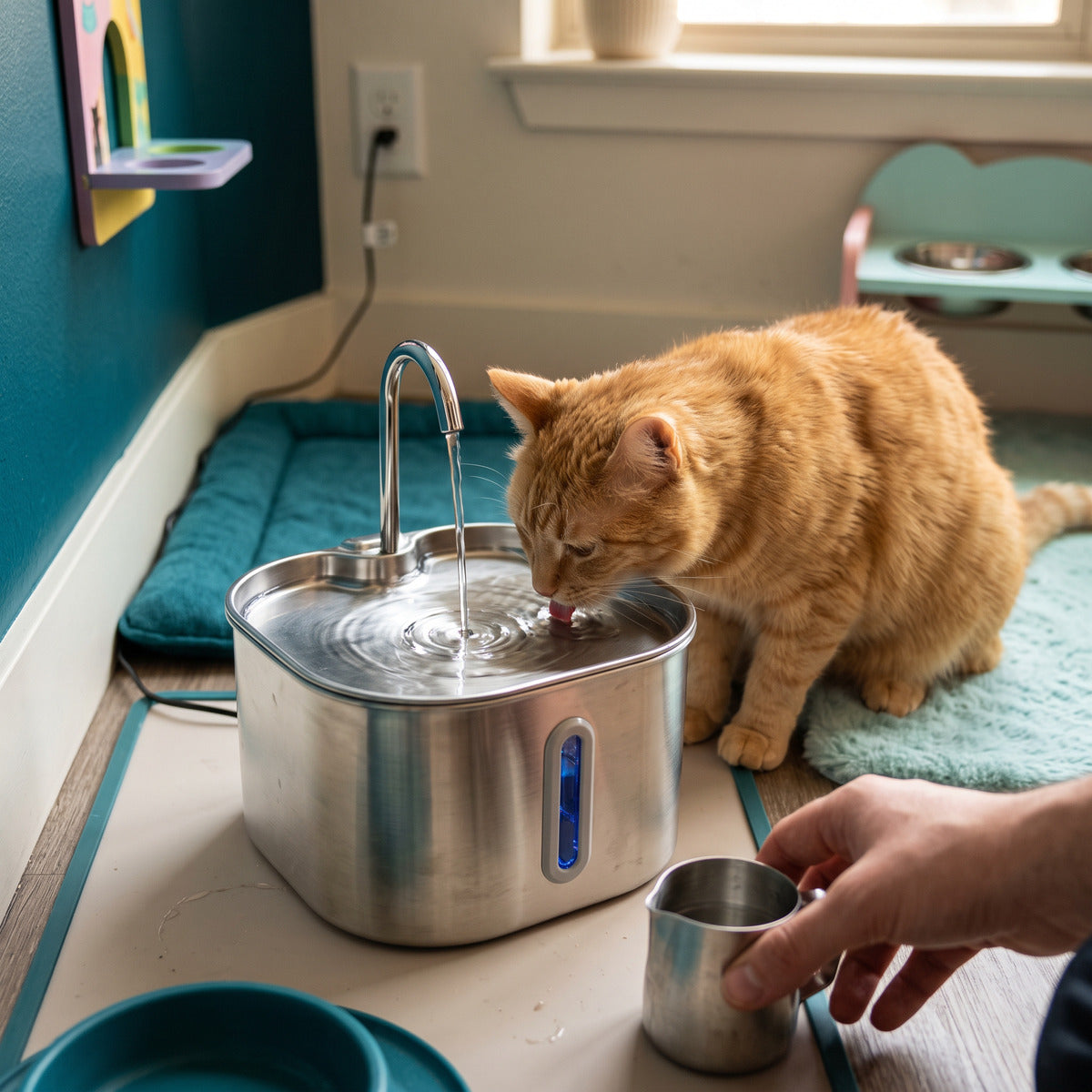 Cat drinking from the curved fountain spout