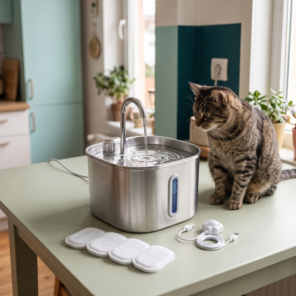 Compact cat fountain in a home feeding corner