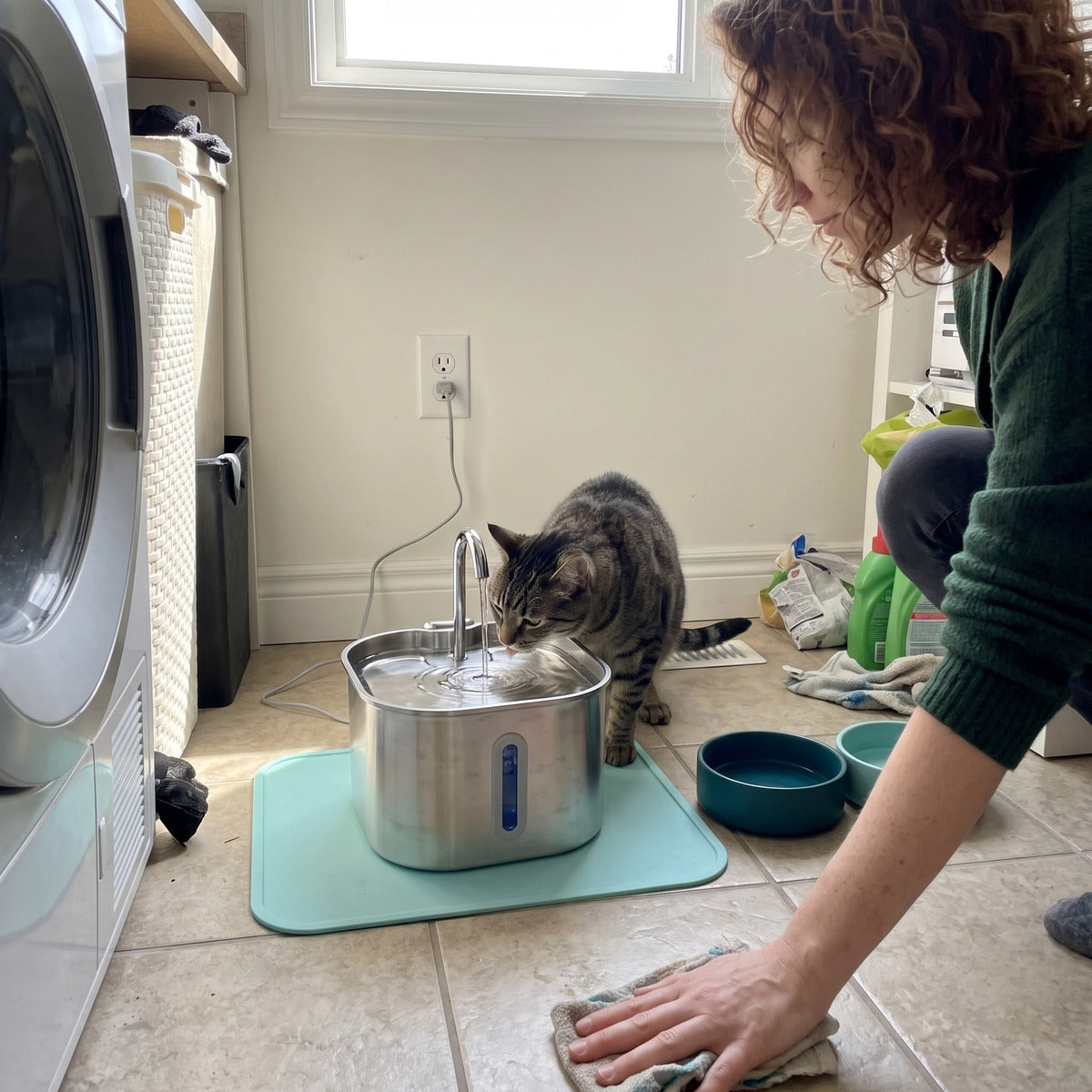 Cat fountain in a wider living room view