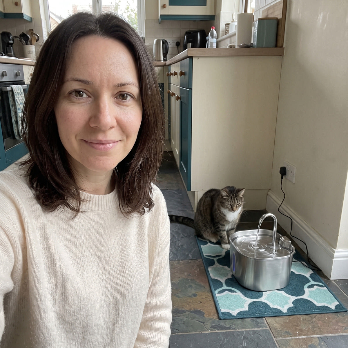 Owner selfie beside fountain at home