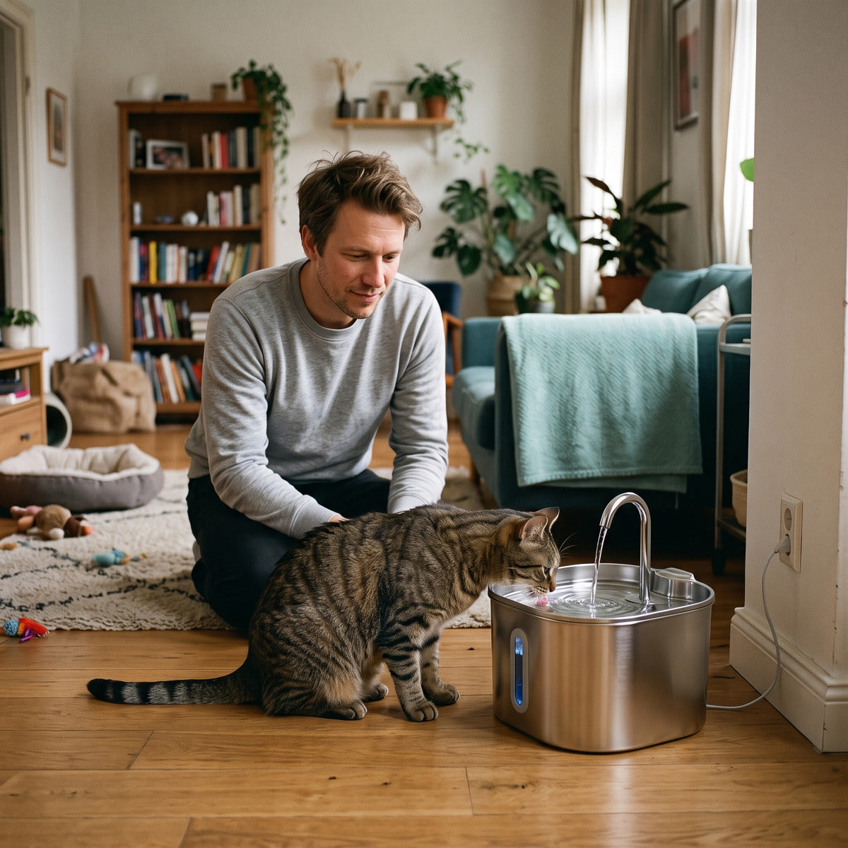 Cat fountain in a lived-in living room