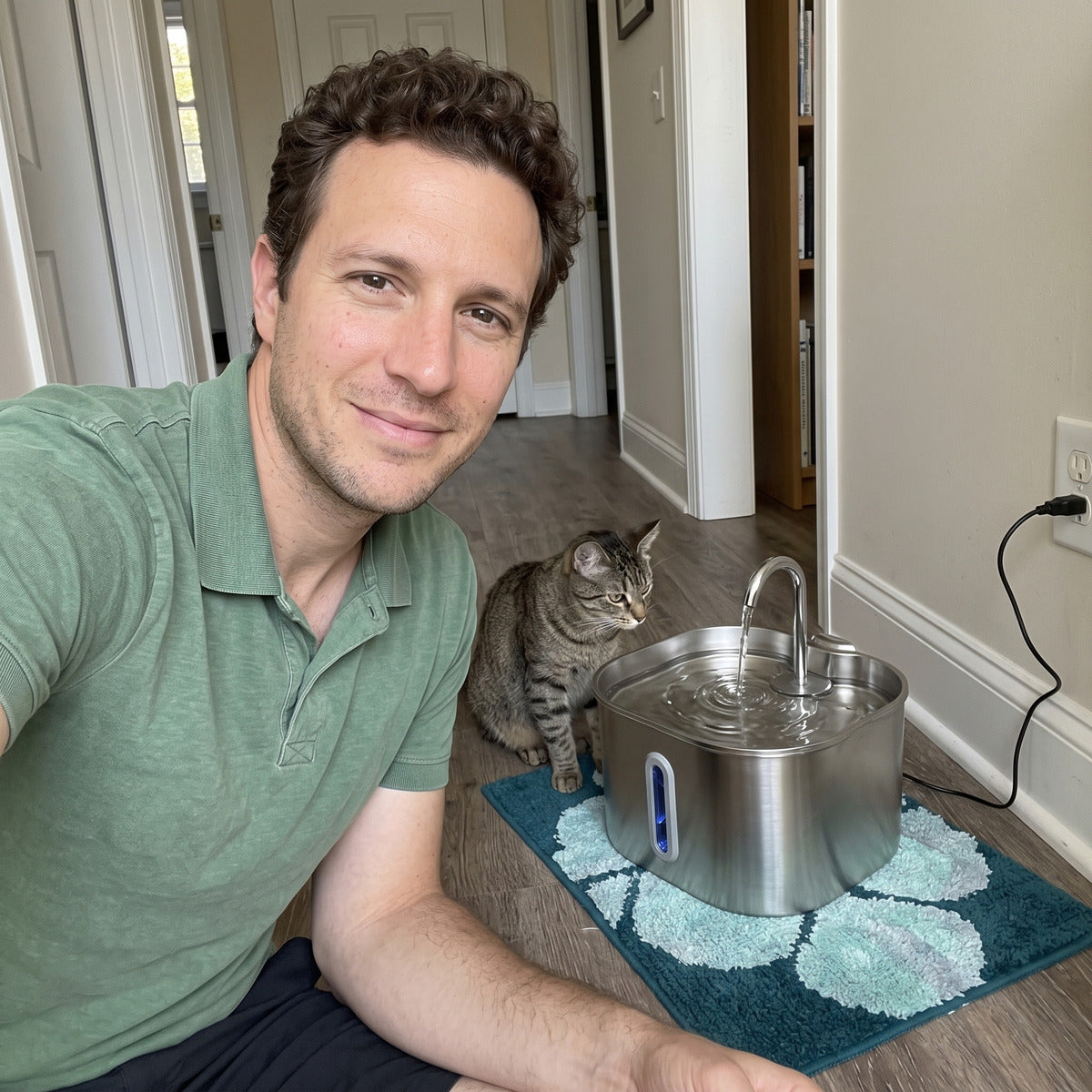 Owner selfie near cat fountain in a hallway corner