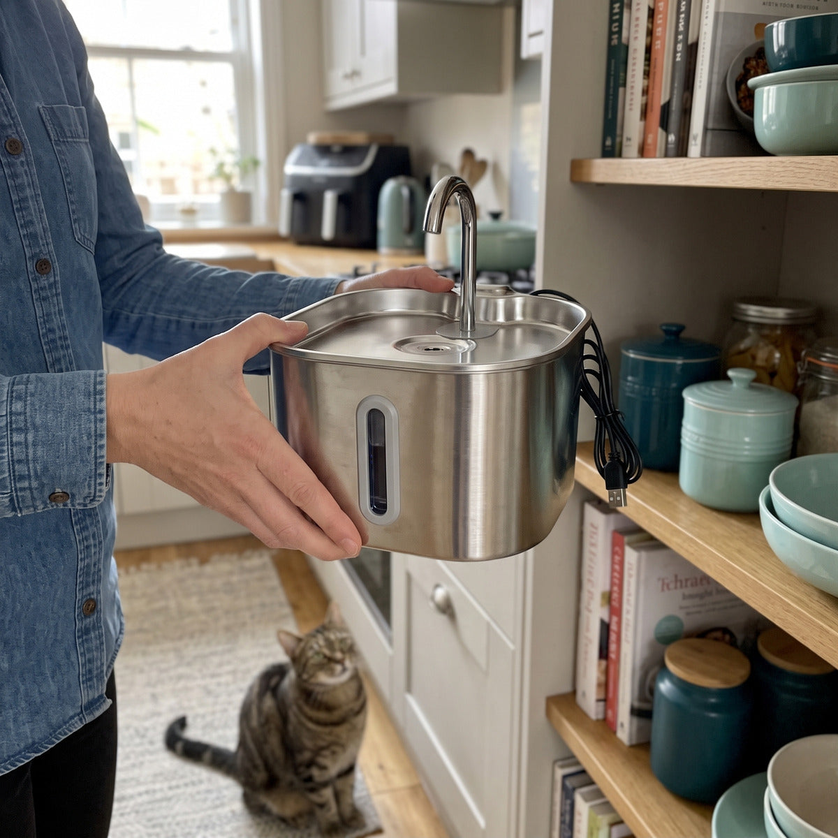 Owner carrying an unplugged fountain for storage