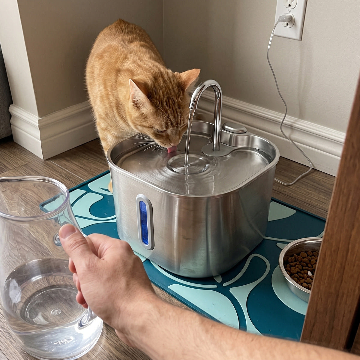 Hand with a refill jug beside cat fountain
