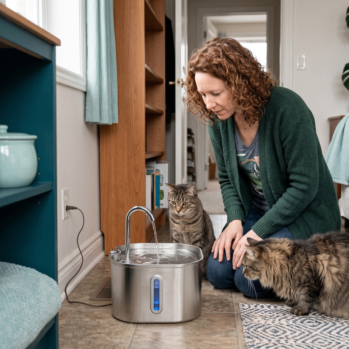 Owner crouching beside a cat and fountain in a kitchen