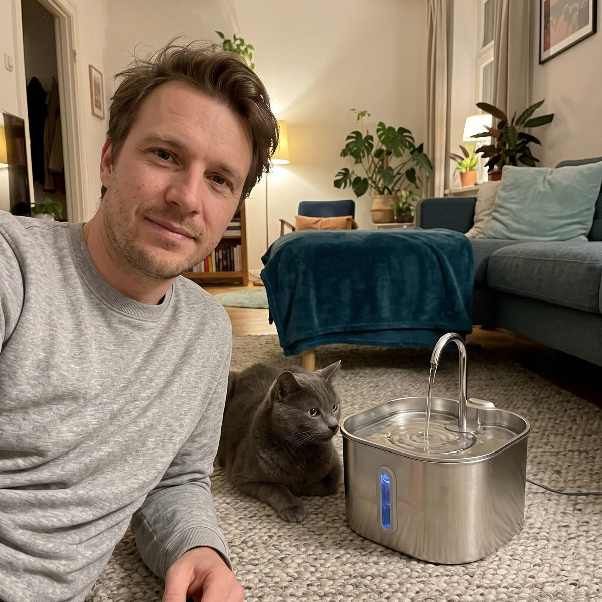 Owner selfie beside fountain in a home